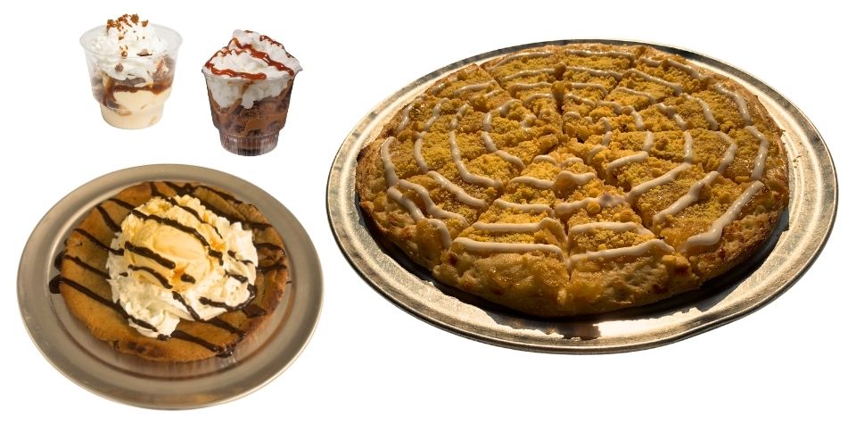 Sundaes, dessert pizza and a skillet cookie with ice cream