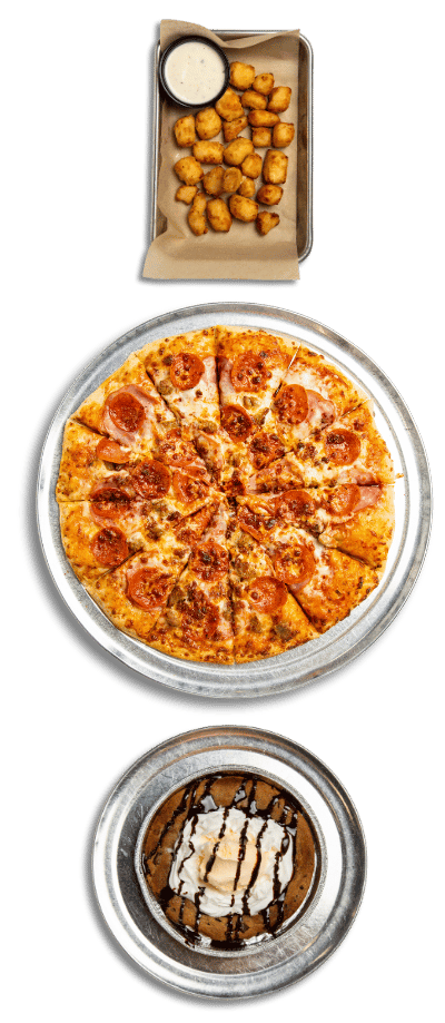 Overhead view of cheese curds, a pizza and a skillet cookie