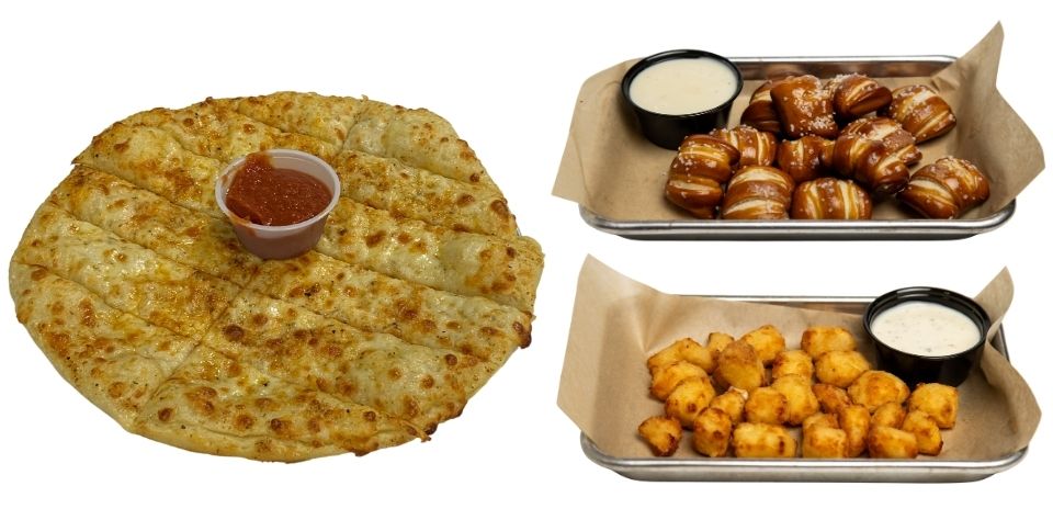 Garlic cheesesticks, pretzel bites, and cheese curds